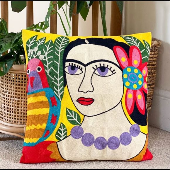 Frida Kahlo Embroidered Yellow Bohemian Pillow Cover 18x18 - Picture 1 of 6